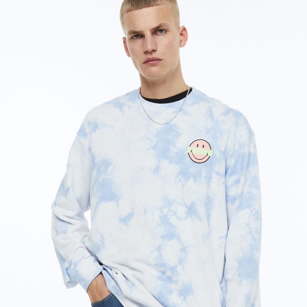 H&M Light Blue Tie-Dye Sweatshirt with Smiley Face